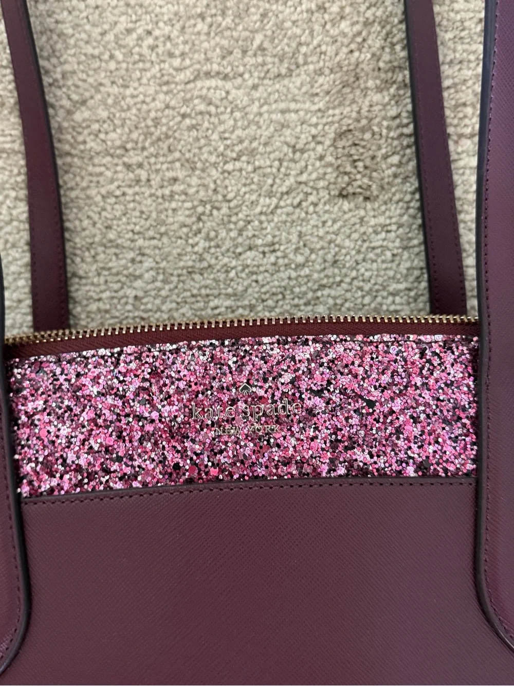 The Kate Spade Flash Glitter Large Leather Satchel Tote in Cherrywood